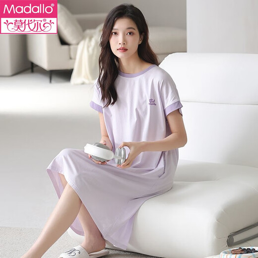 莫代尔女士睡衣女睡裙天丝莱赛尔透气夏季短袖圆领中长款柔软舒适家居服 25L702风信紫 M