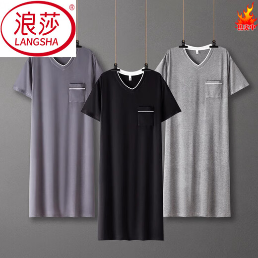 Langsha Nightgown (Langsha) Ночная рубашка мужская летняя летние рукавы с короткими рукавами модальные тонкие модные модные ночные рубашки 2025 Новая домашняя одежда YM844V. Мужская юбка для шеи зеленый L 170 Вес 120-140JIN [Джин равен 0,5 кг]