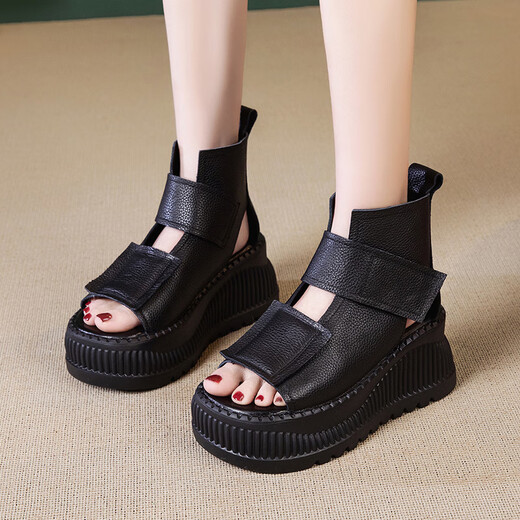 Lairan cowhide sandals thick-soled heightened women's shoes, wedge velcro hollowed-out Roman shoes versatile 2025 summer new style black 37