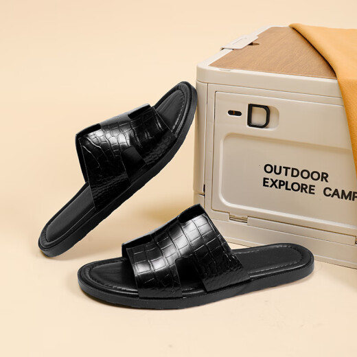 Walker Shop Slippers Men's 2025 Summer New Genuine Leather Outdoor No-Slip Flops informales y de moda para hombres al aire libre Negro 40 (tamaño de zapato de cuero)