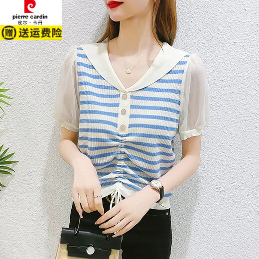 
Pier Cardin ice silk sweater for women 2025 summer new striped base shirt summer short-sleeved T-shirt drawstring yarn sleeve top thin DX826# black and white stripes S recommended 80-99Jin [Jin equals 0.5 kg]