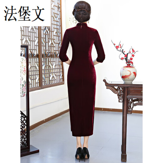 法堡文金丝绒旗袍高档旗袍结婚妈妈婚礼服礼服连衣裙洋气婚宴喜婆婆晚礼 酒红色-长·袖9276 M 建议90-斤