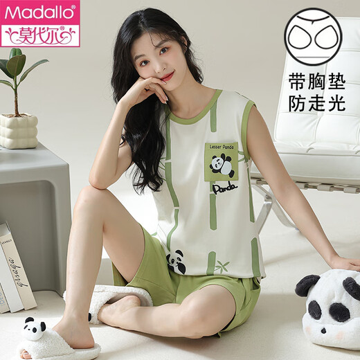 Modal vest with chest pad for women pajamas for women for summer pure cotton thin summer striped sleeveless home clothing set can be worn outside large size chest pad for women vest set-F9859 XL women recommended 120-130Jin [Jin equals 0.5 kg]
