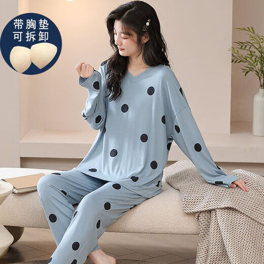 Yalu Brust Pad Modal Pyjamas für Frauen im Frühjahr und Herbst Langarmdünde große Größe und Fett losen Eisseide Kleidungsstück mit Brustpolster 3881 2xl (140-160jin [Jin gleich 0,5 kg])