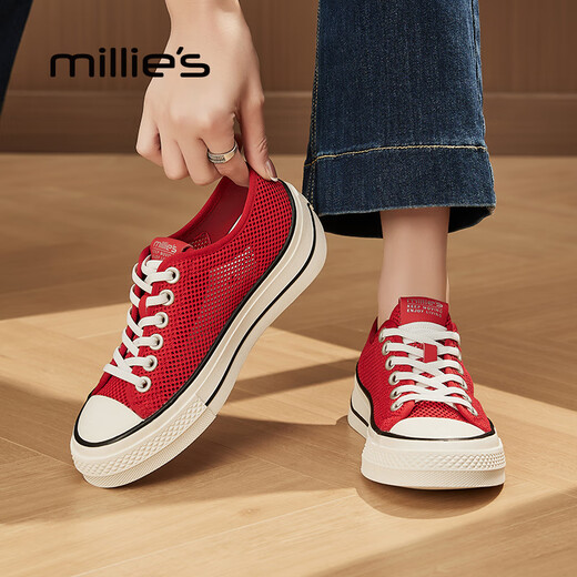 妙丽（Millies）网面鞋女透气百搭休闲板鞋女夏季薄款帆布鞋小白鞋女鞋 红色 36