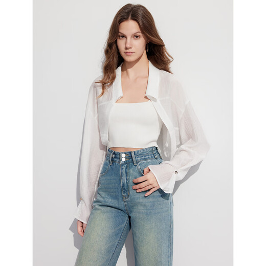 ELLE Lyocell Tencel long-sleeved white shirt for women 2025 summer cardigan design new blouse top white M