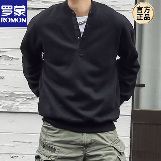 ROMON handsome trendy autumn men's henley collar long-sleeved T-shirt bottoming shirt stand-up collar solid color loose casual pullover sweatshirt black high quality XL recommended 120-135Jin Jin equals 0.5 kg