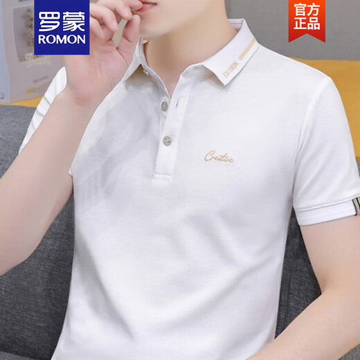Romon (Romon) Perlen-Boden-Polo-Hemd Kurzärärmelte T-Shirt für Herren trendy New White Top Summer Herren-Revers-Baumwoll-Halbärmel 679 Weiß L (Geeignet: 120-135 Jin [Jin gleich 0,5 kg]))