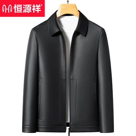Hengyuanxiang Dad Leather Jacket Men's 2025 New Autumn and Winter Lapel Business Casual Velvet Leather Jacket for Middle-aged and Elderly Men Black Lapel Thin L 175 Suitable for 110-125 Jin Jin equals 0.5 kg
