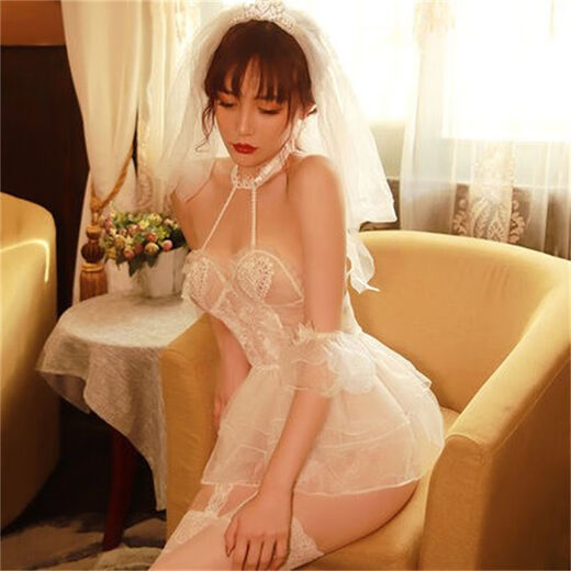 情趣婚纱新娘战袍女性感睡衣透明蕾丝婚纱情趣制服挑逗火辣诱惑套 魅惑黑套装+9756+模特袜 均码80-120斤