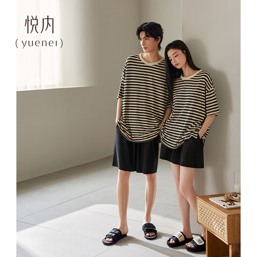 Yuenei Couple Pajamas Women's Summer Short-Sleeved Shorts Pure Cotton Home Clothes Casual Fashion Striped Men's Summer Thin Suit 33001 Wave Pattern Men's 2XL (Male 160-180 Jin Jin equals 0.5 kg / Female 140-160 Jin Jin equals 0.5 kg)