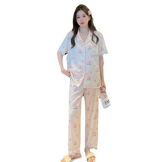 Peach Lace Pajamas Summer Ice Silky Sweet Home Set YFY9905# [Short Sleeve Trousers] XL [Suggested 115-130Jin [Jin equals 0.5 kg]]
