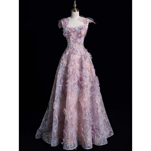 Wutuo large size evening dress purple light luxury niche banquet host adult ceremony suspender dressing gown bride toast wear engagement dress purple 4XL weight 155Jin Jin is equal to about 0.5 kg