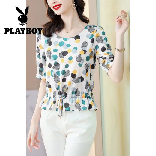 Playboy (PLAYBOY) heavy silk shirt for women in summer new style, age-reducing and slimming belly printing short-sleeved mulberry silk shirt color 9855# L 105-115Jin[Jin equals 0.5 kg]
