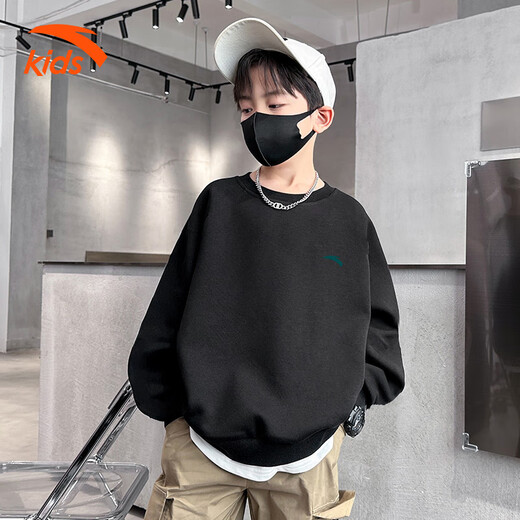 Anta children's fleece sweatshirt for men and women, middle and large children 25 autumn and winter new style youth loose cotton skin-friendly long-sleeved top black early autumn hot sale 160 cm