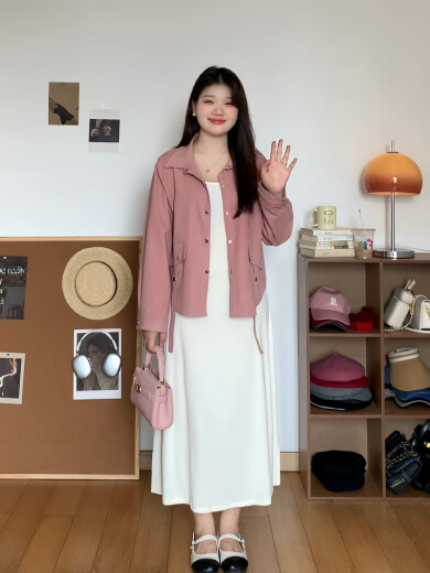 Capítulo genial (Kuzhang) Meow en forma de pera de miau ligeramente gordo MM Autumn Slim informal y versátil Vestido de suspensión Traje de gran tamaño 6636 Camisa verde + Vestido de suspensión negro L