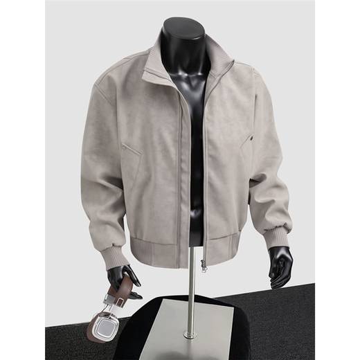 Jufeng Maillard PU leather bomber jacket men's high-end handsome short coat American retro stand-up collar baseball uniform brown XL