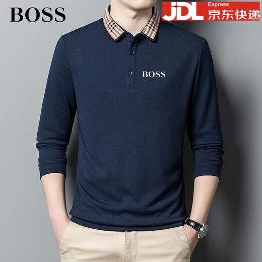 BOSS Men's 24 new autumn embroidered logo decorative cotton bottoming long-sleeved T-shirt polo shirt men's large size red L 170 120-140Jin Jin equals 0.5 kg
