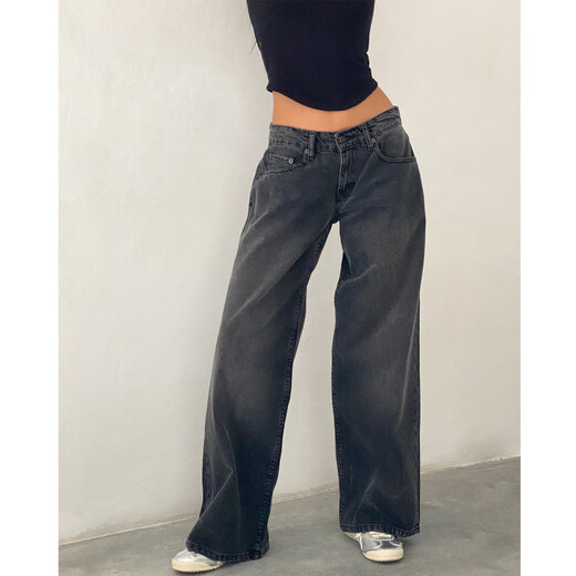 
SAKENMAO American retro low waist non-elastic washing straight jeans for women in autumn street wide-leg denim women's pants 12176 wash blue S