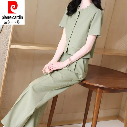 Pierre cardin fashion suit for women in summer 2025 new fashionable slim round neck short sleeve shirt straight trousers two-piece set for women 12608-Black suit 3XL [recommended 140-155Jin [Jin equals 0.5 kg]]