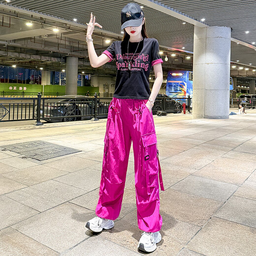 书与茶美式速干工装裤女夏季薄款广场舞运动裤2025新款曳步舞爵士舞裤子 黑拼色上衣8828+玫红色长裤6628 L