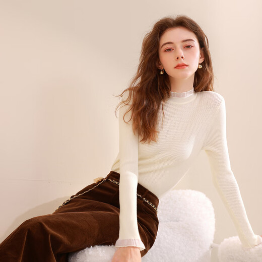 Sancai 2025 winter new solid color sweater glass yarn splicing sweater with base layer slim fit M