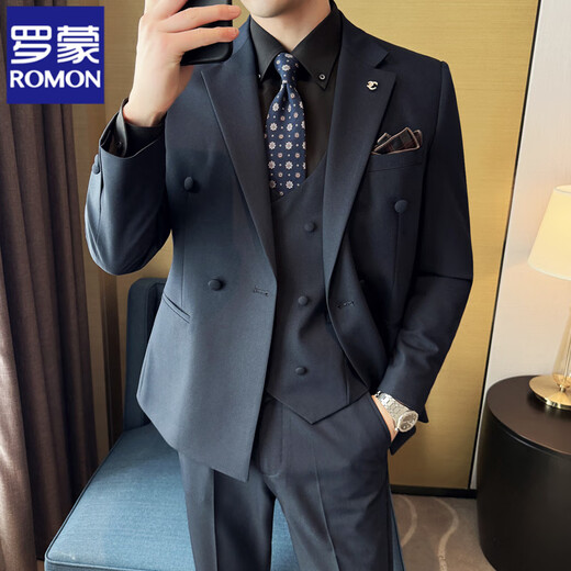 ROMON double-breasted suit suit for men business new professional formal fit groom wedding suit fashion British navy suit + vest + pants XL (suitable for 126-140 Jin Jin equals 0.5 kg)