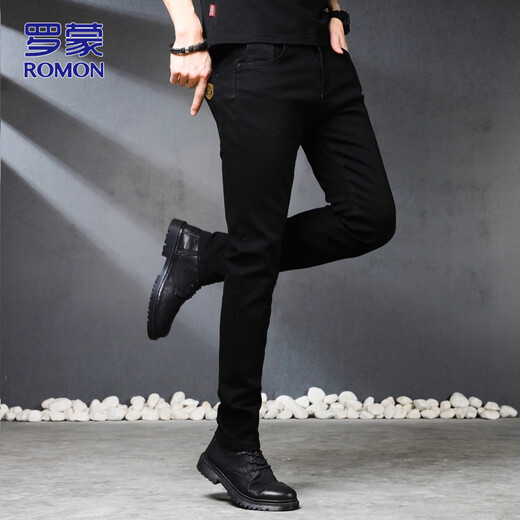 ROMON jeans men's autumn and winter business casual straight trousers men's stretch slim pants black 32