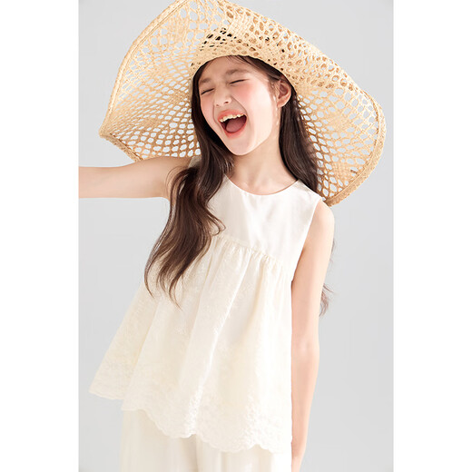 Mucmukn [Summer of Island City] Tians Laiser Lace sleeveless vest shirt Seaside vacation wide-leg pants Girls summer pants M52XK3881B beige 130