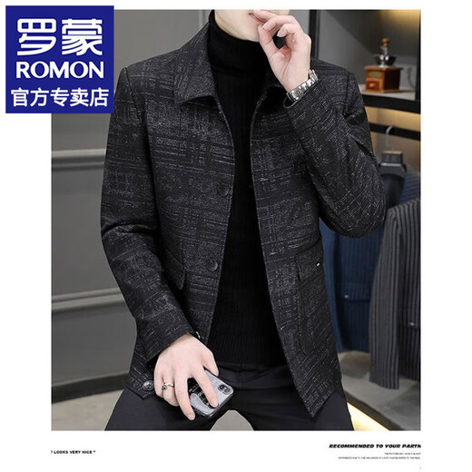 罗蒙休闲夹克外套男春秋百搭呢子商务大衣时尚通勤百搭翻领西装夹克衫 黑色 XL 推130-145斤左右