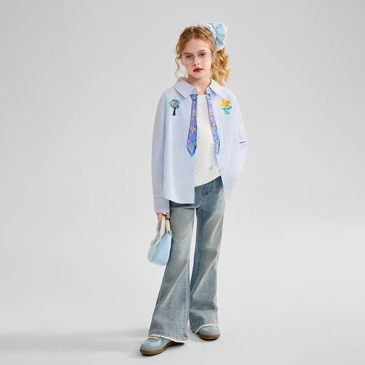 ASK JUNIOR pure cotton children's shirt 2026 autumn long-sleeved college style shirt jacket medium and large children's tie print girls blue 130