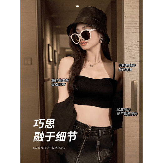 JTTCAC Japanese back-beautiful underwear new style seamless thin large breasts showing small breasts tube top U-shaped backless wearable bra black-single piece S recommended (70A/70B/70C)