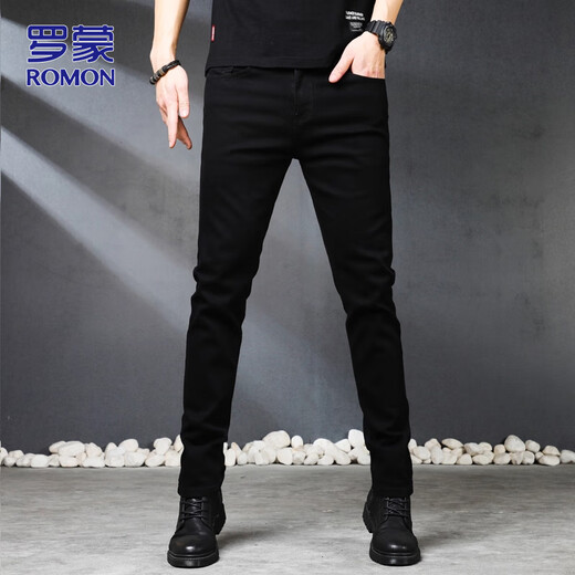 ROMON jeans men's autumn and winter business casual straight trousers men's stretch slim pants black 32