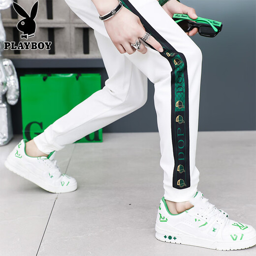 花花公子（PLAYBOY）刺绣休闲裤男夏季薄款潮牌修身冰丝束脚运动长裤男百搭速干小脚卫 9922白色 29
