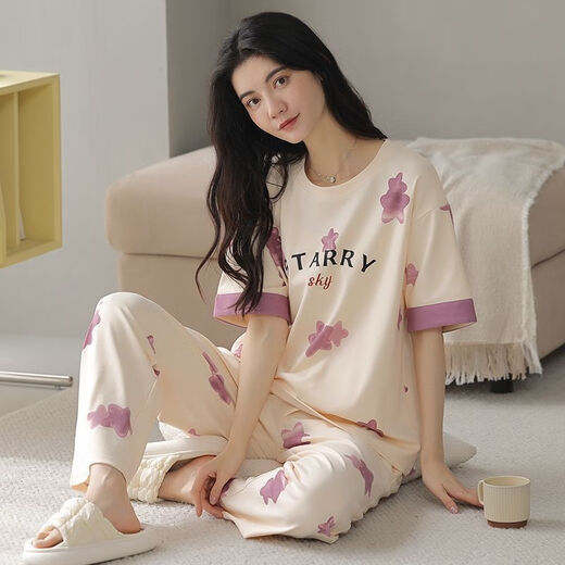 Meng Xinsheng Pyjamas für Frauen im Sommer im Sommer Pure Cotton Kurzärmelhosen Dünne Baumwoll-Sommer-Runde Hals-Kleidungsset können außerhalb von Hose mit Kurzärärmern getragen werden: YZT9720 m