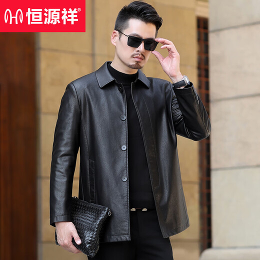 Hengyuanxiang middle-aged and elderly men's leather jacket spring and autumn thin 40-year-old 50-year-old dad winter velvet thickened leather jacket men's 9907 black thin XL 180 suitable for 130 to 150 Jin Jin equals 0.5 kg
