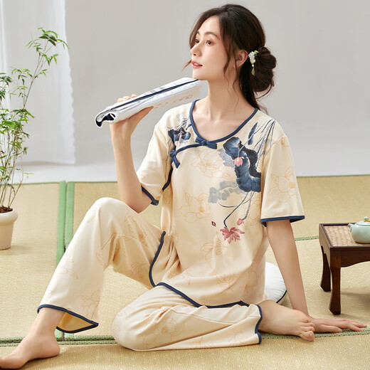 MUJI COM无印良品MUJ同款家居服女士短袖睡衣套装夏季薄款长裤夏天新中式 LZY9905 M (建议75-95斤)