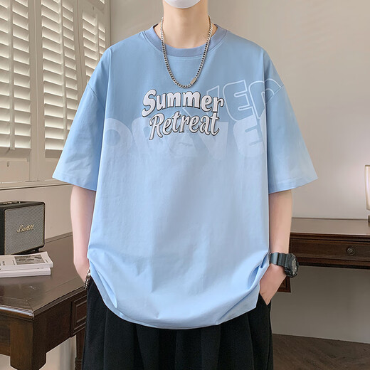 短袖t恤男孩夏季新款青少年大童初中学生上衣潮流帅气打底衫男装 8392浅蓝色+693白色 M 80-95斤左右