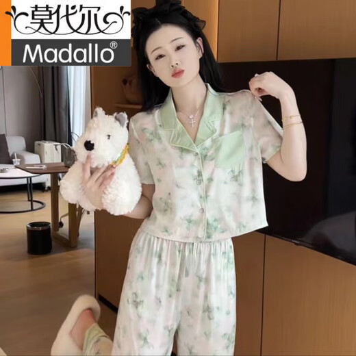 莫代尔品质小香风睡衣女夏真丝短款短袖长裤空调房春秋甜美家居服套装女 694 蝴蝶水墨画 短长 M ( 建议 80-98斤)