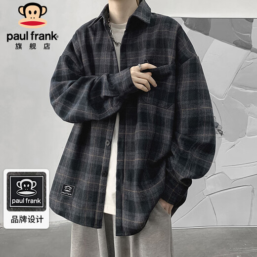 Paul Frank long-sleeved shirt men's spring and autumn Japanese casual plaid shirt men's trendy brand jacket men's dark gray XL