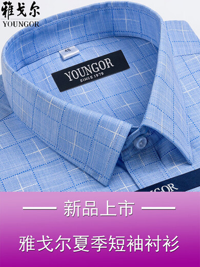 GY雅戈尔男士短袖衬衫夏季纯.棉免烫中年休闲商务职业正装格子衬衣 短袖蓝色DX6630 38