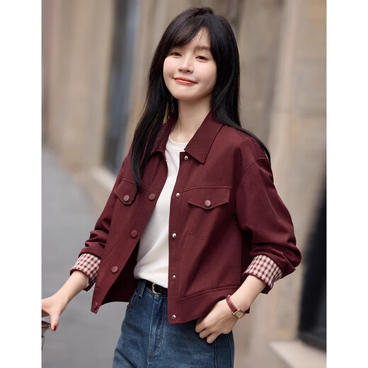 塔驰密司 TOUCH MISS复古红色工装外套2025春季新款撞色夹克上衣女 红色 S
