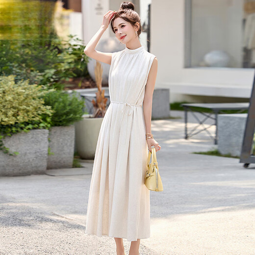 Ehangy Light Luxury Brand 2025 Summer New Dress Women's High-end Temperament Western Style Age-Reducing Simple and Elegant Skirt Beige M