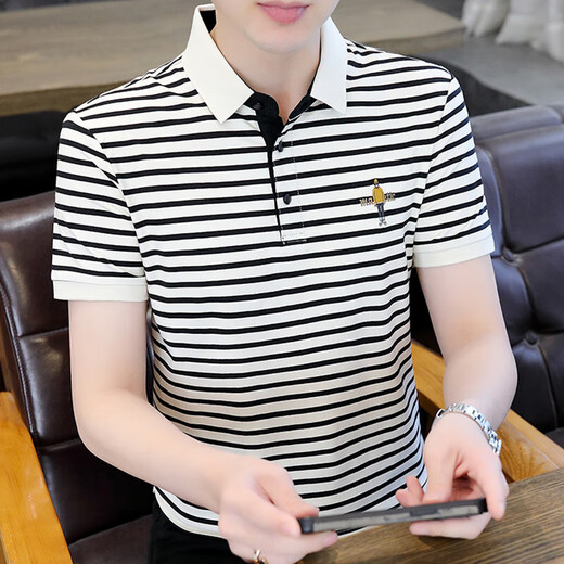 Hagan gestreiftes Polohemd Herren kurzärmeliges Polo-Hemd koreanische Stil Slim Ice Seidenhemd Sommer Trendy Brand Casual Sticked Shirt 6626 Grey XL (120135Jin [Jin Equals Equals Equals])