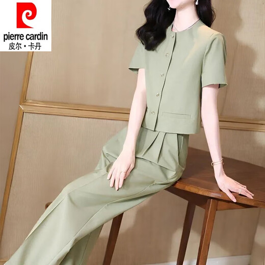 Pierre cardin fashion suit for women in summer 2025 new fashionable slim round neck short sleeve shirt straight trousers two-piece set for women 12608-Black suit 3XL [recommended 140-155Jin [Jin equals 0.5 kg]]