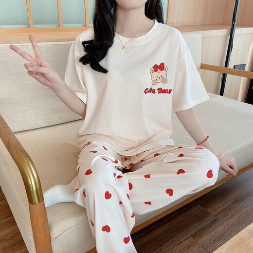 Yalu women's pajamas summer pure cotton 2025 new simple short-sleeved trousers cartoon home clothing suit outside wear 6623 trousers L