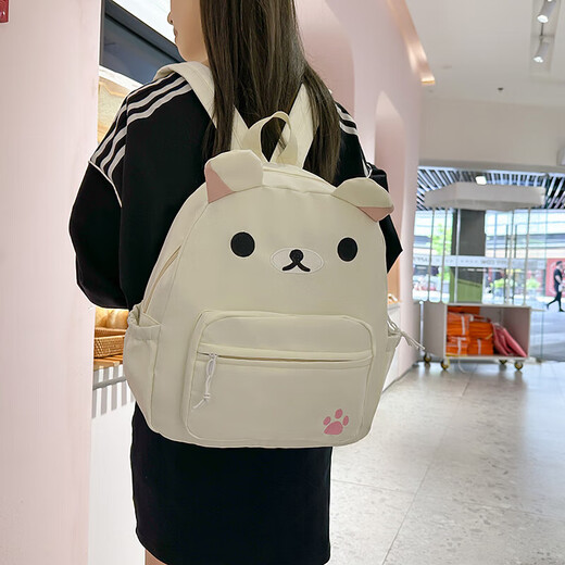 新款日系可爱帆布棕色奶白小熊卡通大容量百搭学生软妹双肩包书包 卡其色