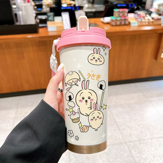 优观水杯保温杯保温杯学生女款带吸管大容量车载水杯 BXAB10975吉伊咔哇 520ML配挂绳白色彩绘打印