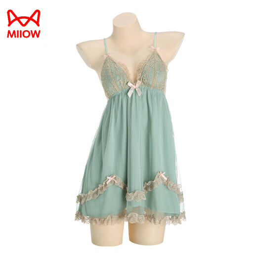 Cat Men Pajamas para mujeres con almohadilla de cofre Sexy Silk Fairy Falda 2025 Summer Beautiful Back Home Clothing Juego dulce P3886 Verde (Vestido exterior + cinturón) Tamaño individual