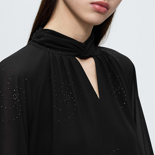Langzi Design Fashion Hollow Stand Collar Top Lantern Sleeve Black Shirt 2025 Winter New Style Black 2 S